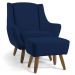 Poltrona Decorativa com Puff Sala de Estar Pés de Madeira Naomi Veludo Azul Oxford G15 - Gran Belo