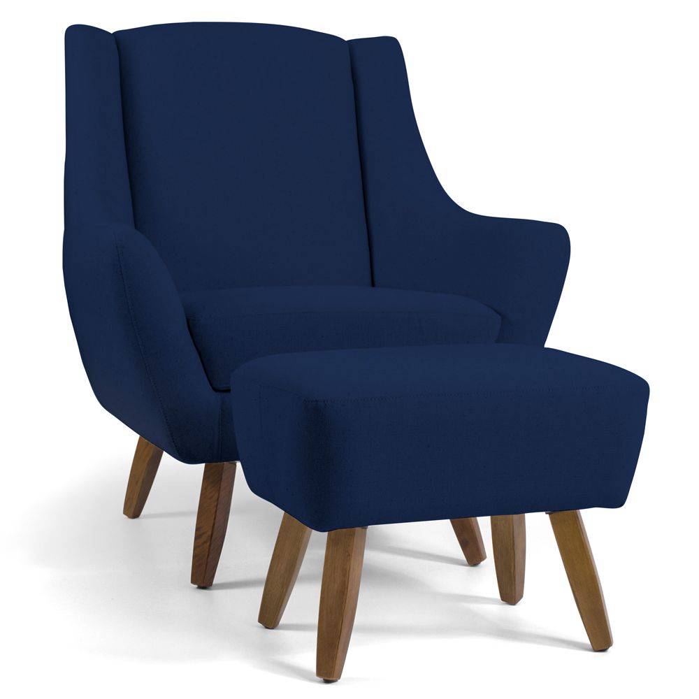 Poltrona Decorativa com Puff Sala de Estar Pés de Madeira Naomi Veludo Azul Oxford G15 - Gran Belo