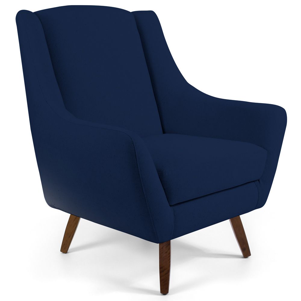 Poltrona Decorativa com Puff Sala de Estar Pés de Madeira Naomi Veludo Azul Oxford G15 - Gran Belo