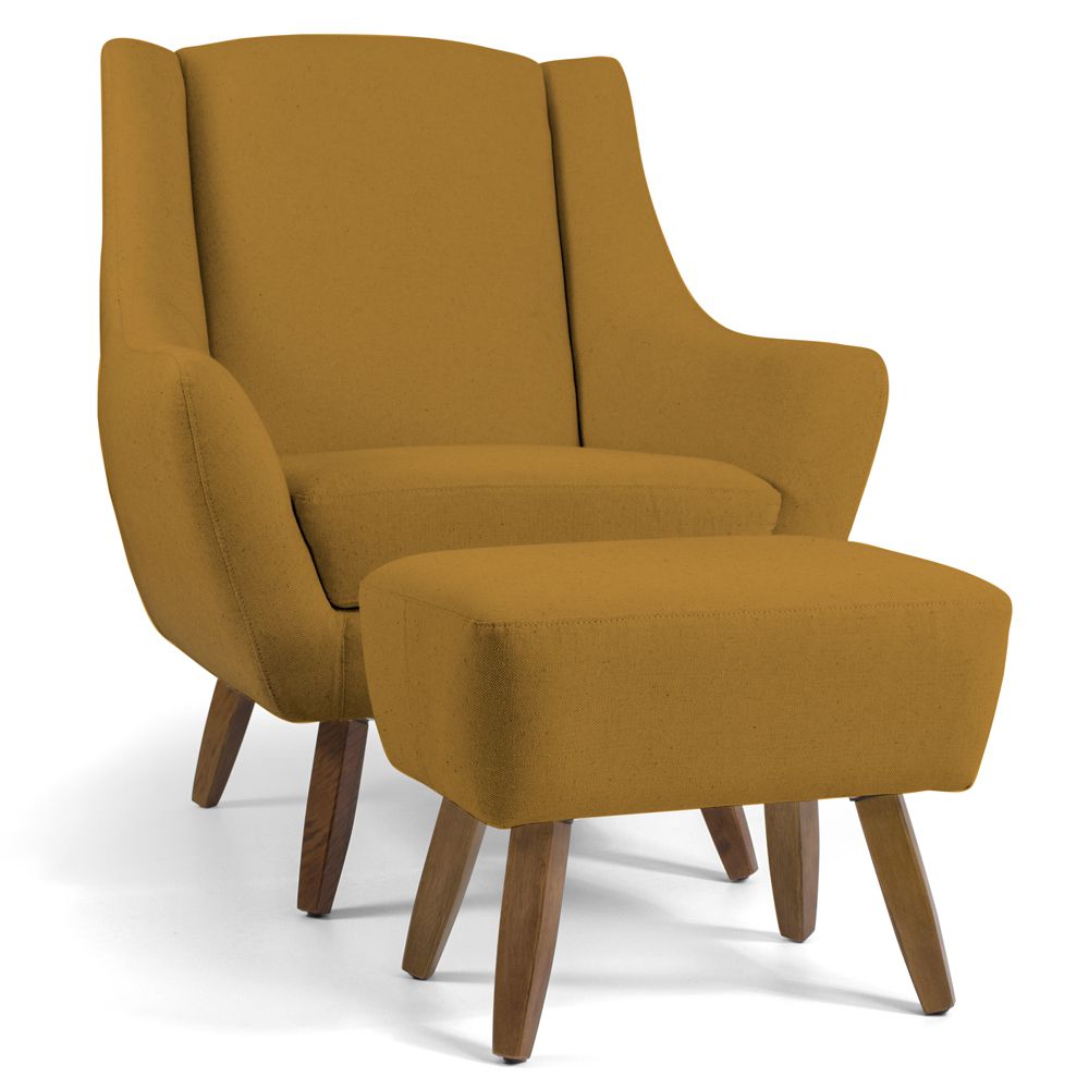 Poltrona Decorativa com Puff Sala de Estar Pés de Madeira Naomi Veludo Mostarda Escuro G15 - Gran Belo