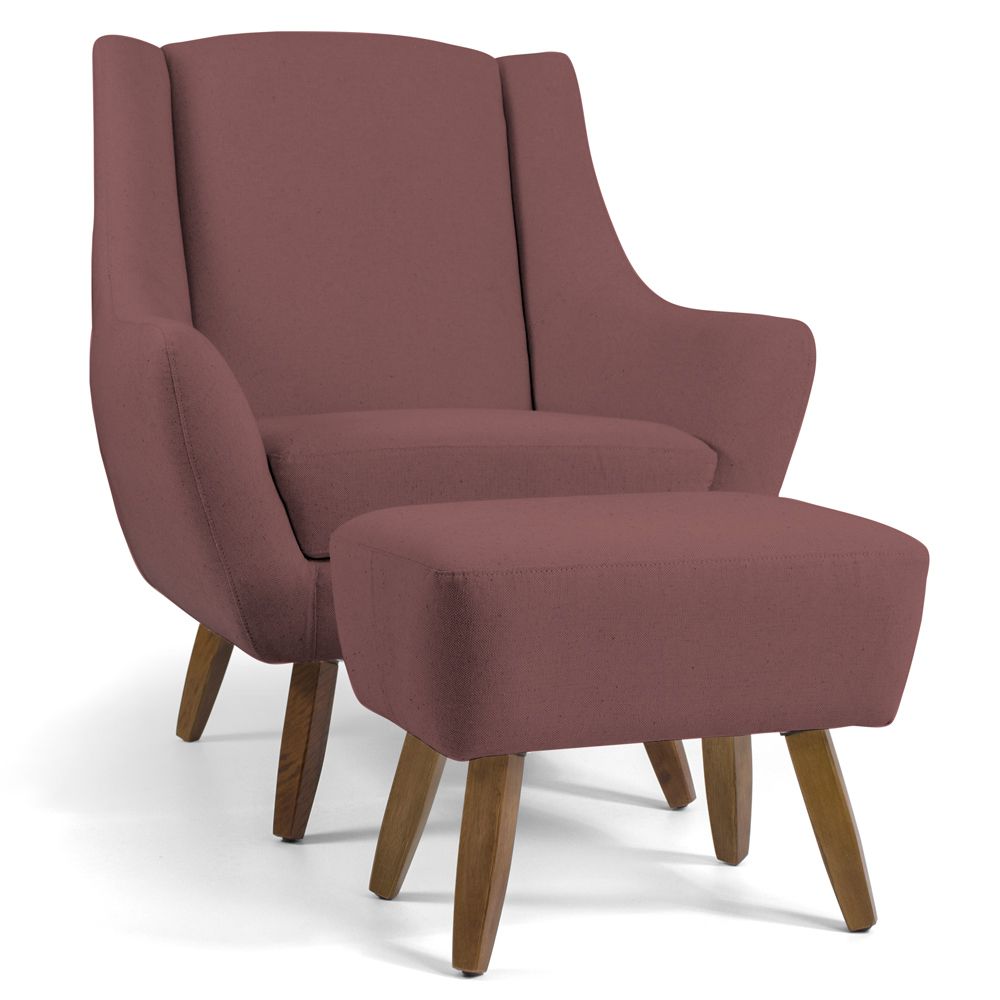 Poltrona Decorativa com Puff Sala de Estar Pés de Madeira Naomi Veludo Rosê G15 - Gran Belo