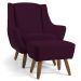 Poltrona Decorativa com Puff Sala de Estar Pés de Madeira Naomi Veludo Roxo Grape G15 - Gran Belo