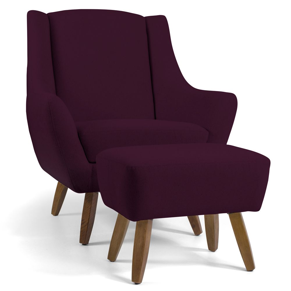 Poltrona Decorativa com Puff Sala de Estar Pés de Madeira Naomi Veludo Roxo Grape G15 - Gran Belo