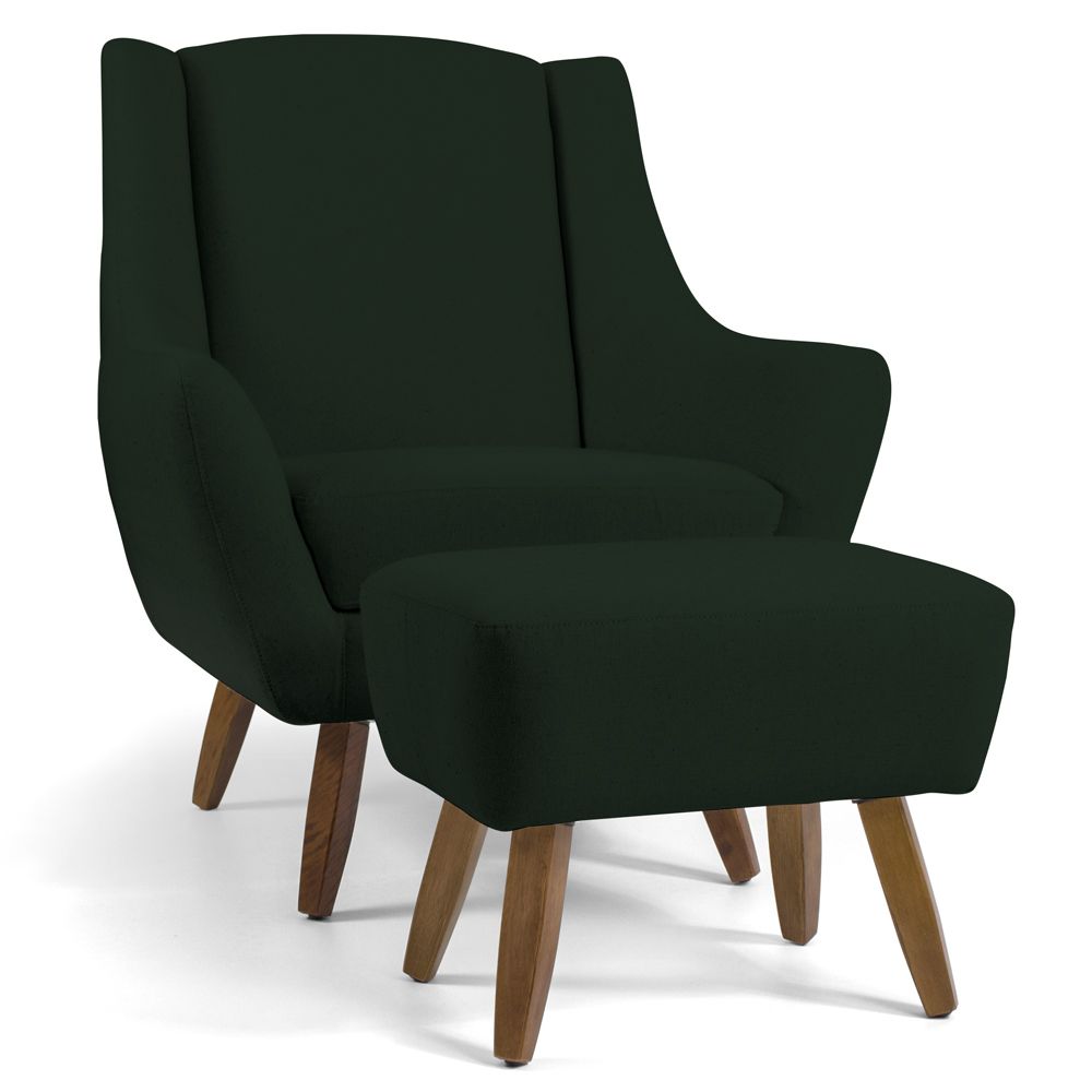 Poltrona Decorativa com Puff Sala de Estar Pés de Madeira Naomi Veludo Verde Musgo G15 - Gran Belo