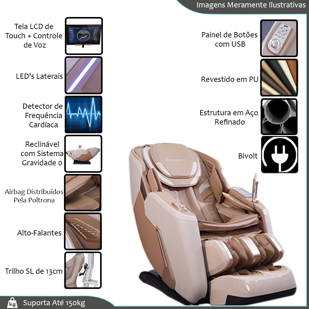 Poltrona Elétrica 3D Stark com Massagem Aquecimento Bivolt Reclinação Gravidade Zero Controle LCD Touch PU Bege G94 - Gran Belo