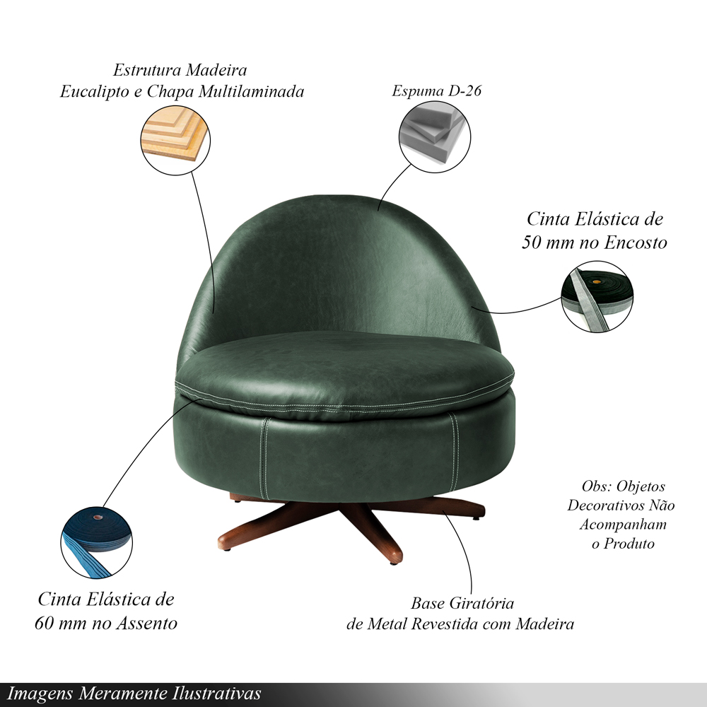 Poltrona Giulio Base de Ferro Giratória PU Verde G92 - Gran Belo