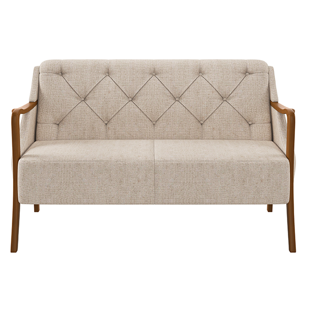 Poltrona Namoradeira Decorativa 2 Lugares Braços em Madeira Hand Linho Bege G45 - Gran Belo
