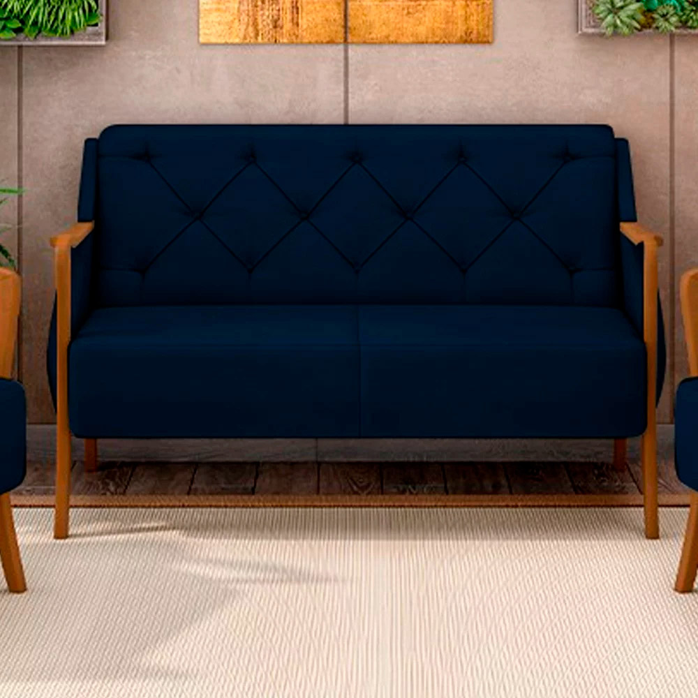 Poltrona Namoradeira Decorativa 2 Lugares Braços em Madeira Hand Veludo Azul Marinho G45 - Gran Belo