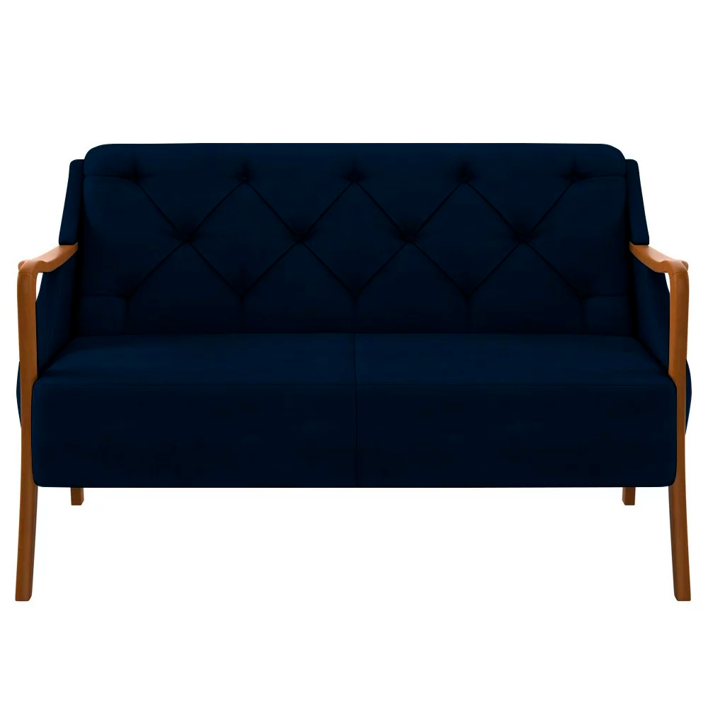 Poltrona Namoradeira Decorativa 2 Lugares Braços em Madeira Hand Veludo Azul Marinho G45 - Gran Belo