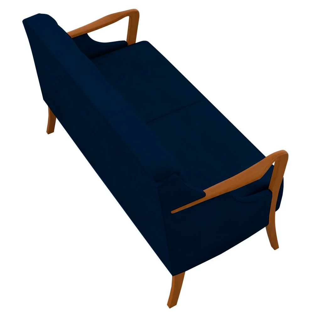 Poltrona Namoradeira Decorativa 2 Lugares Braços em Madeira Hand Veludo Azul Marinho G45 - Gran Belo