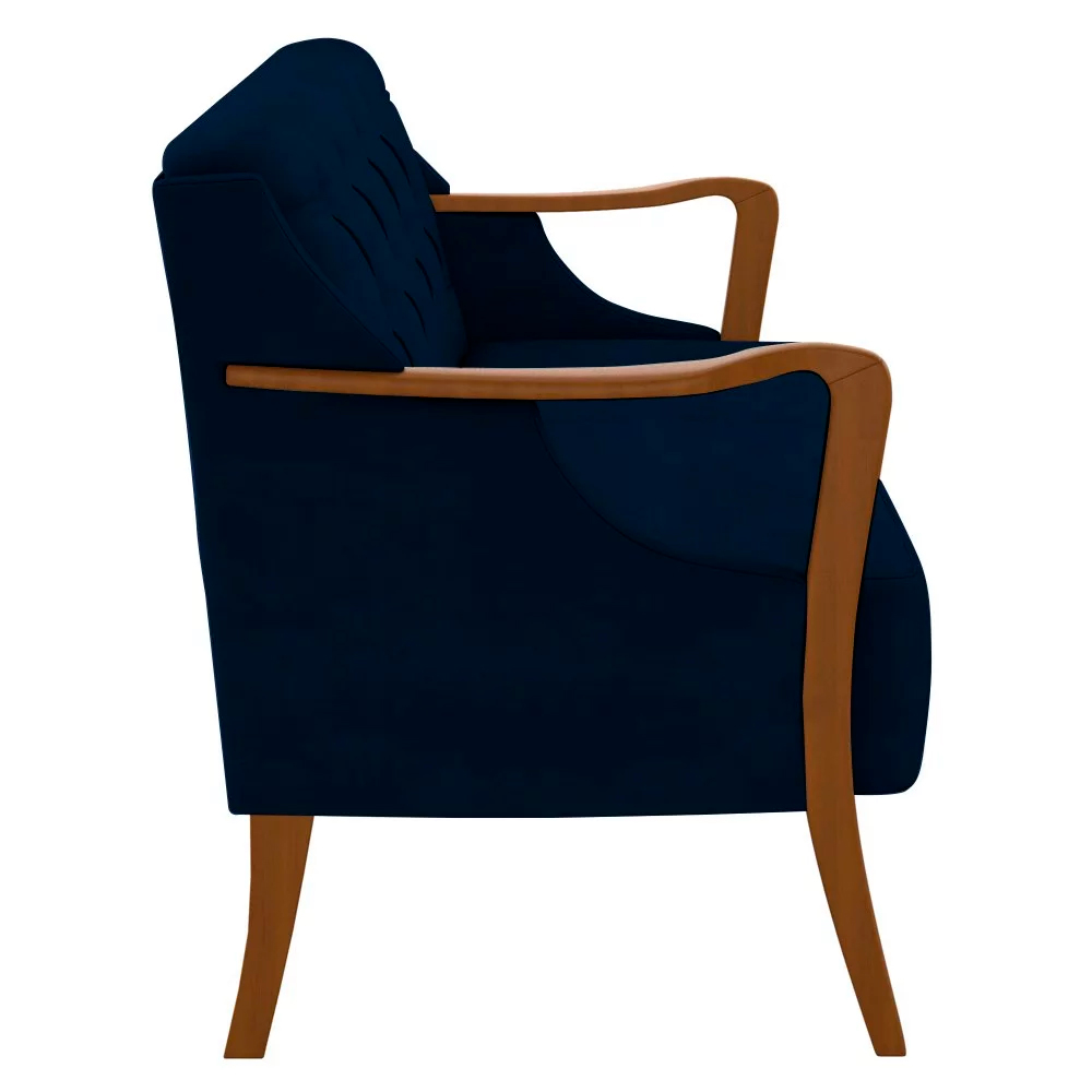 Poltrona Namoradeira Decorativa 2 Lugares Braços em Madeira Hand Veludo Azul Marinho G45 - Gran Belo