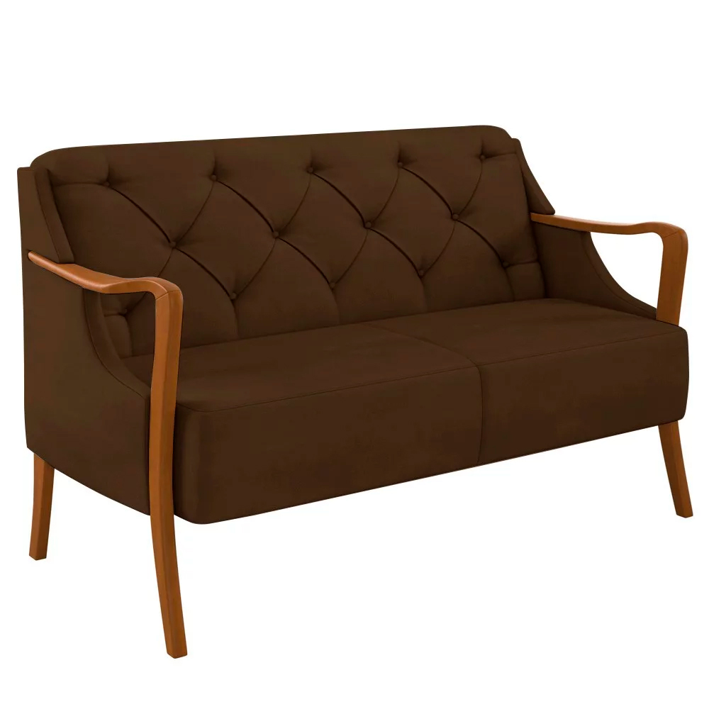 Poltrona Namoradeira Decorativa 2 Lugares Braços em Madeira Hand Veludo Marrom G45 - Gran Belo