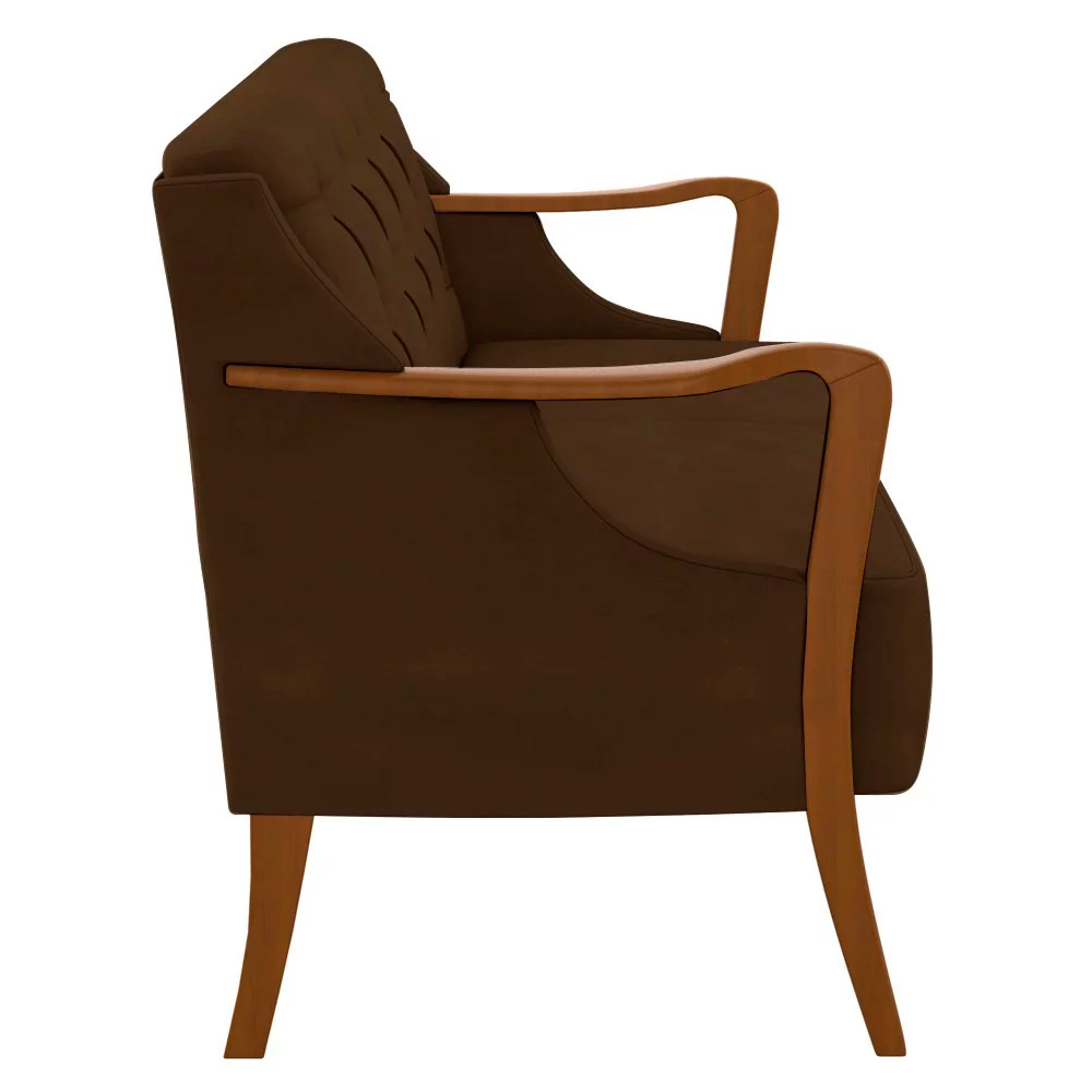 Poltrona Namoradeira Decorativa 2 Lugares Braços em Madeira Hand Veludo Marrom G45 - Gran Belo