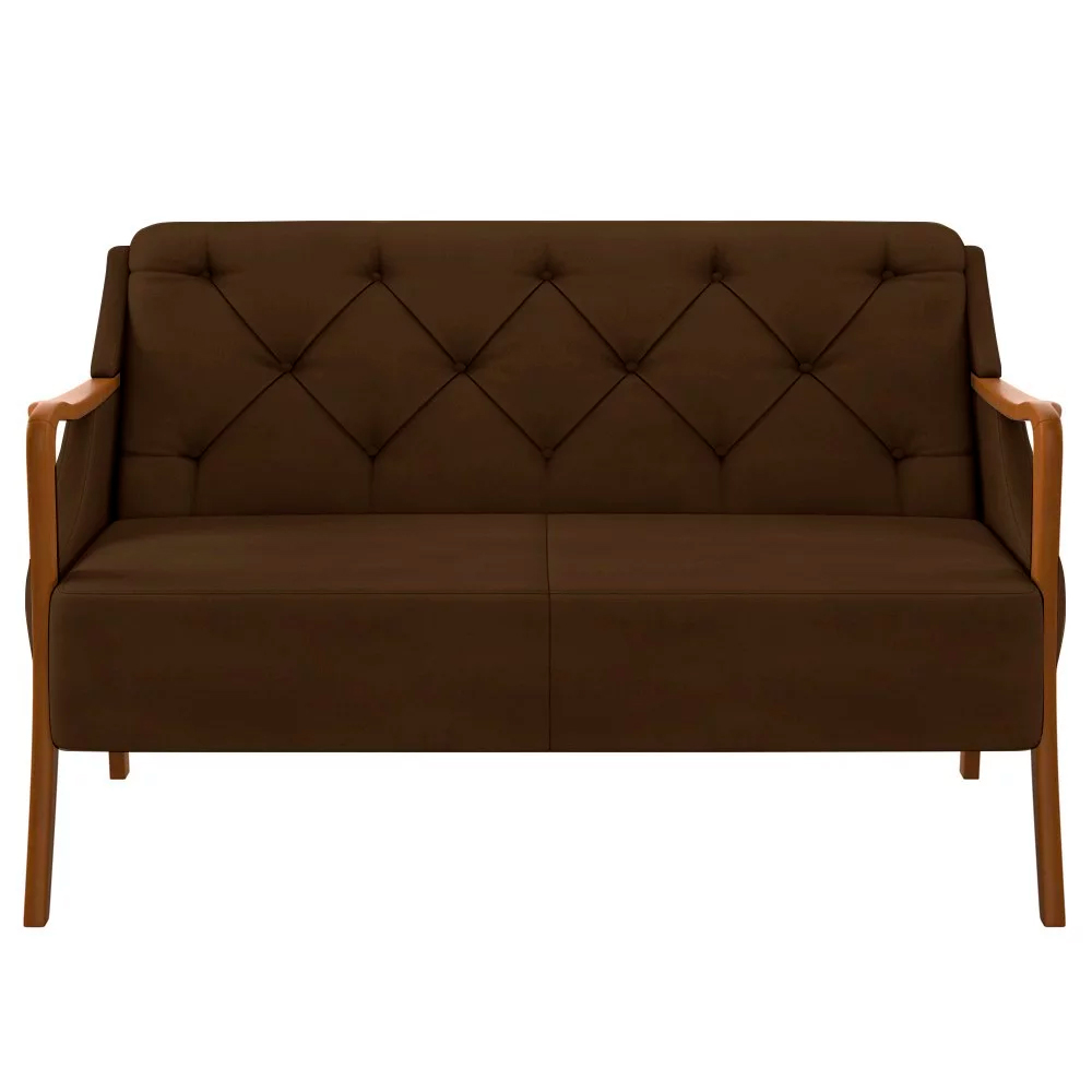 Poltrona Namoradeira Decorativa 2 Lugares Braços em Madeira Hand Veludo Marrom G45 - Gran Belo