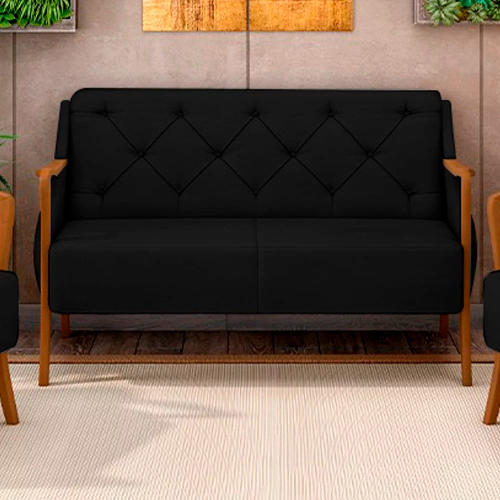 Poltrona Namoradeira Decorativa 2 Lugares Braços em Madeira Hand Veludo Preto G45 - Gran Belo