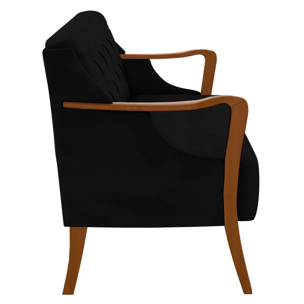 Poltrona Namoradeira Decorativa 2 Lugares Braços em Madeira Hand Veludo Preto G45 - Gran Belo