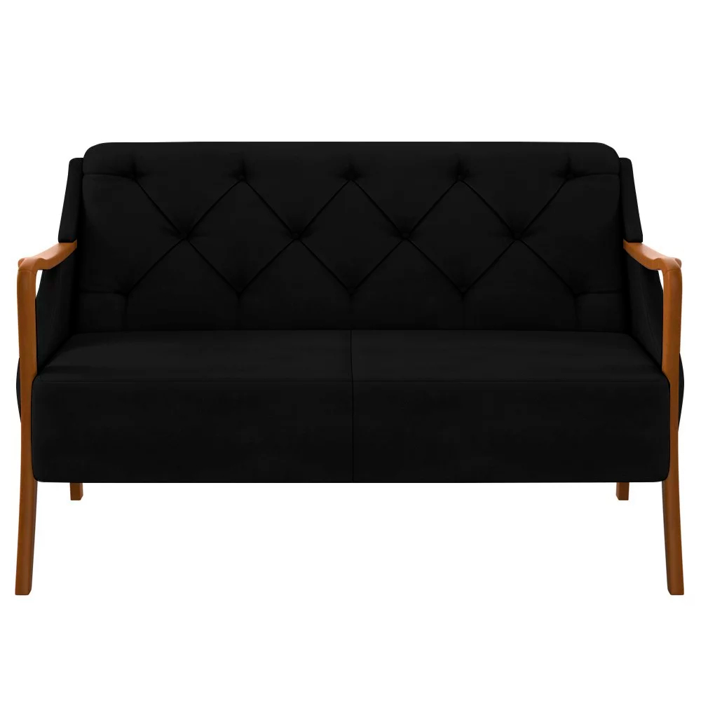Poltrona Namoradeira Decorativa 2 Lugares Braços em Madeira Hand Veludo Preto G45 - Gran Belo