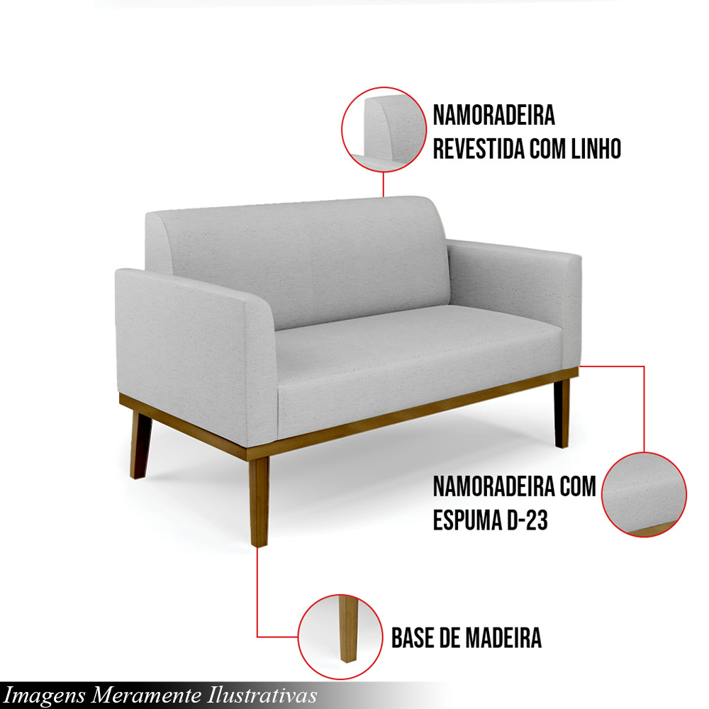 Poltrona Namoradeira Decorativa Isabella Pés Fixo em Madeira Castanho Linho Cinza G19 - Gran Belo