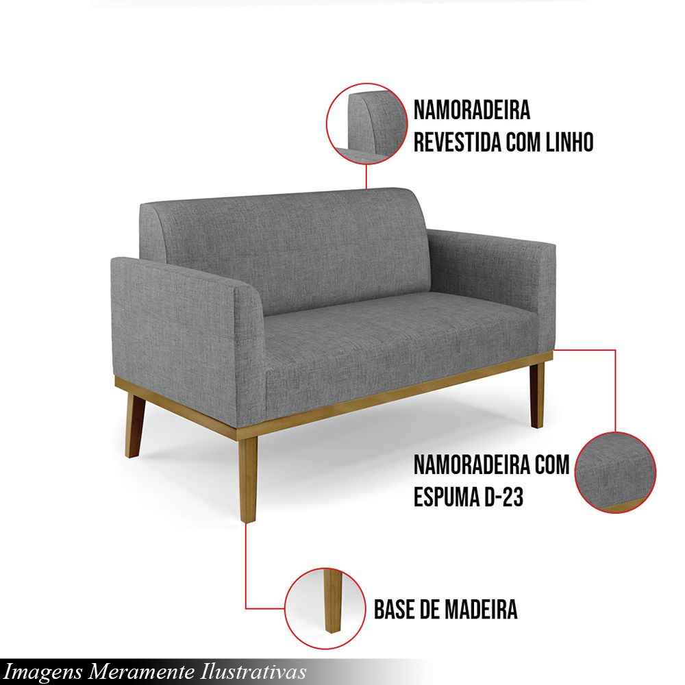Poltrona Namoradeira Decorativa Isabella Pés Fixo em Madeira Castanho Linho Cinza Mesclado G19 - Gran Belo
