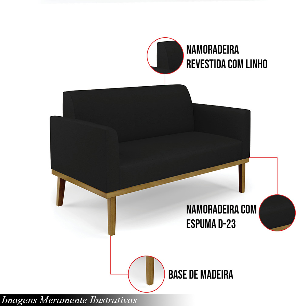Poltrona Namoradeira Decorativa Isabella Pés Fixo em Madeira Castanho Linho Preto G19 - Gran Belo