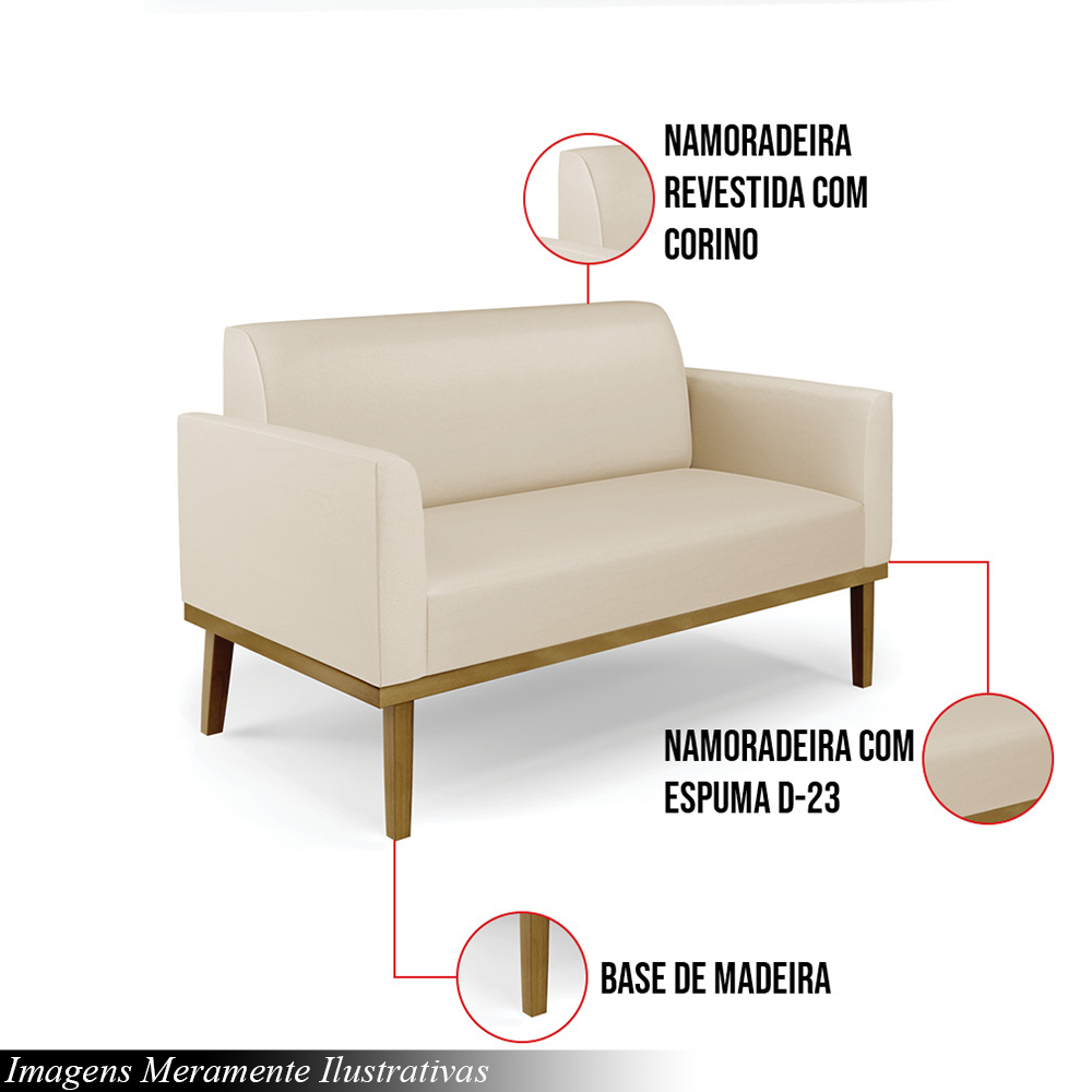 Poltrona Namoradeira Decorativa Isabella Pés Fixo em Madeira Castanho PU Bege G19 - Gran Belo
