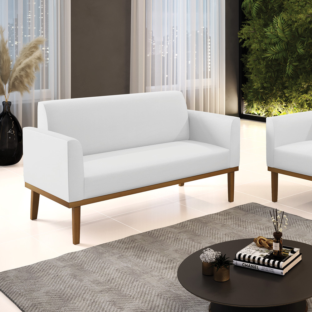 Poltrona Namoradeira Decorativa Isabella Pés Fixo em Madeira Castanho PU Branco G19 - Gran Belo