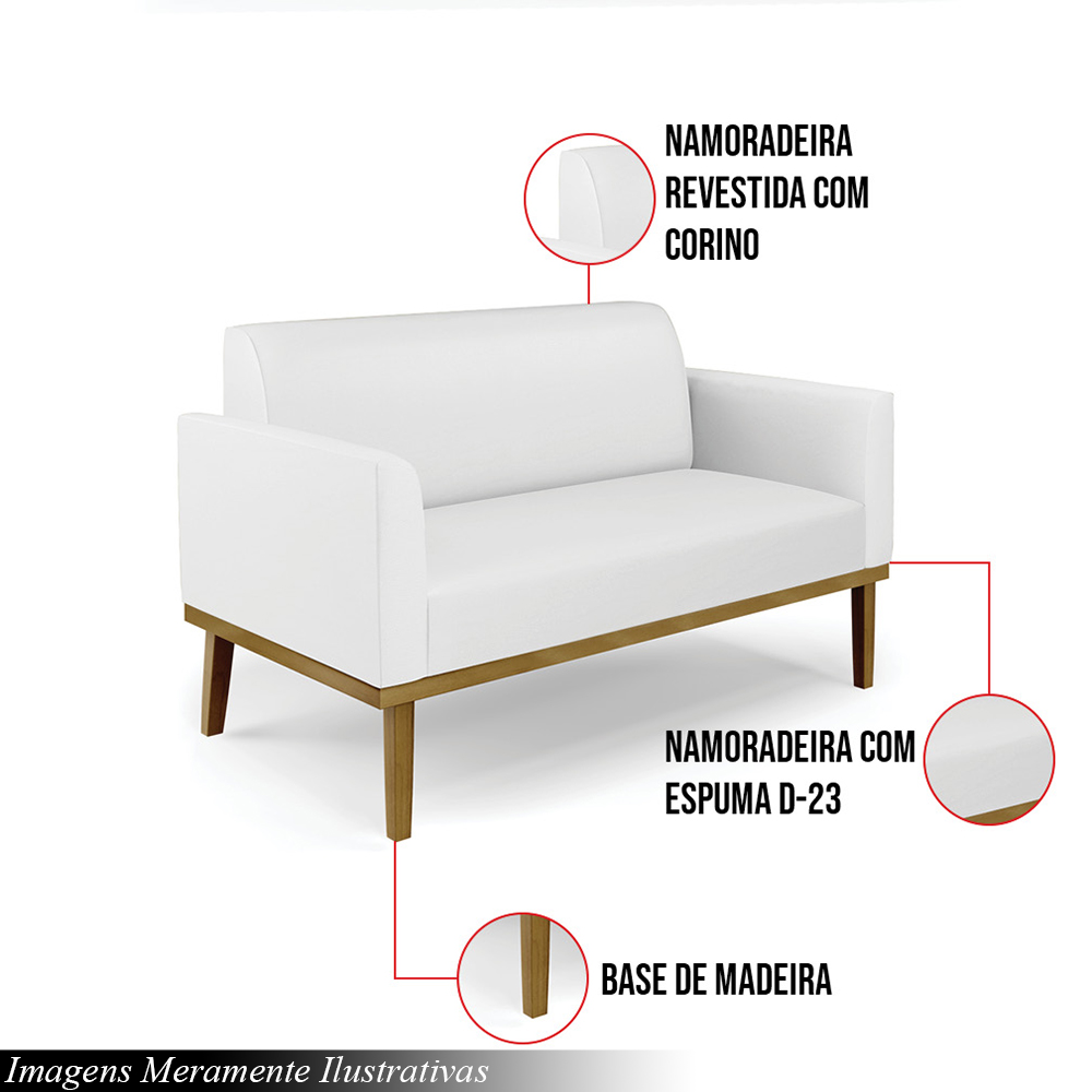 Poltrona Namoradeira Decorativa Isabella Pés Fixo em Madeira Castanho PU Branco G19 - Gran Belo