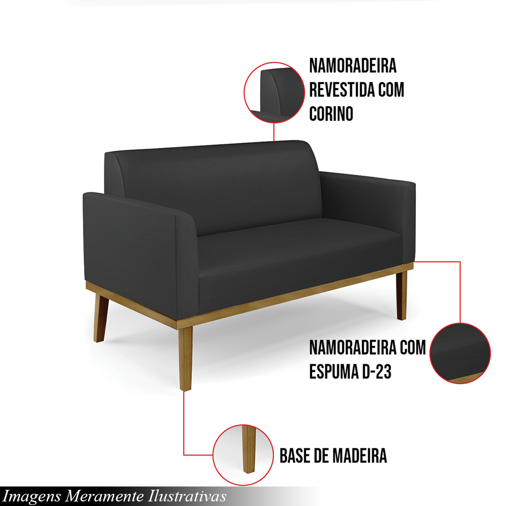 Poltrona Namoradeira Decorativa Isabella Pés Fixo em Madeira Castanho PU Preto G19 - Gran Belo