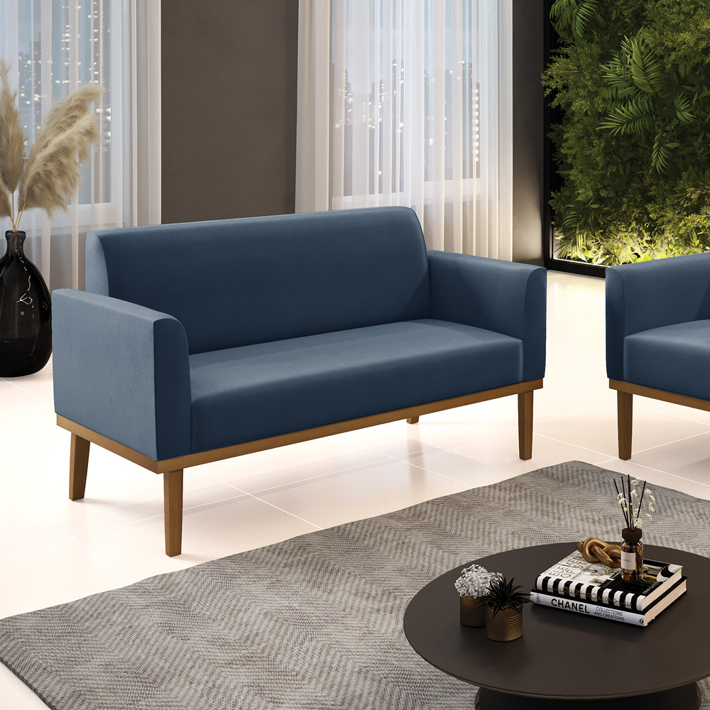 Poltrona Namoradeira Decorativa Isabella Pés Fixo em Madeira Castanho Suede Azul Marinho G19 - Gran Belo