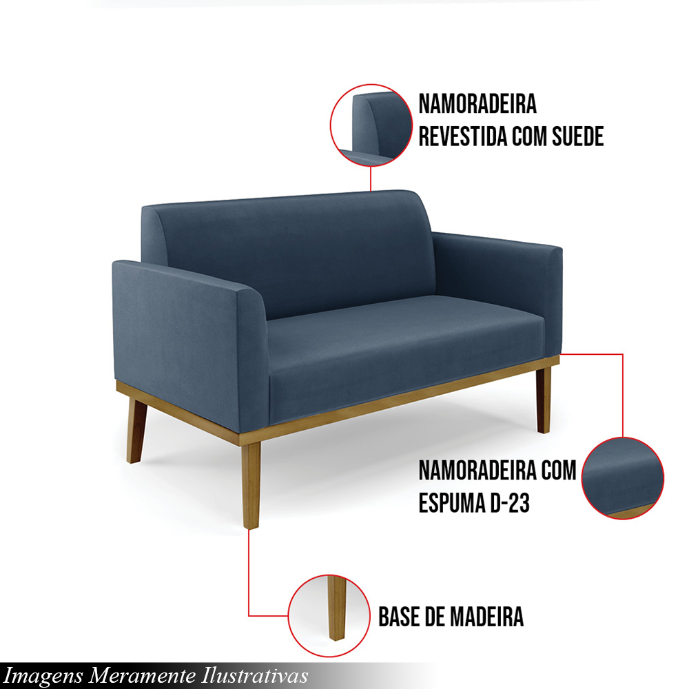 Poltrona Namoradeira Decorativa Isabella Pés Fixo em Madeira Castanho Suede Azul Marinho G19 - Gran Belo