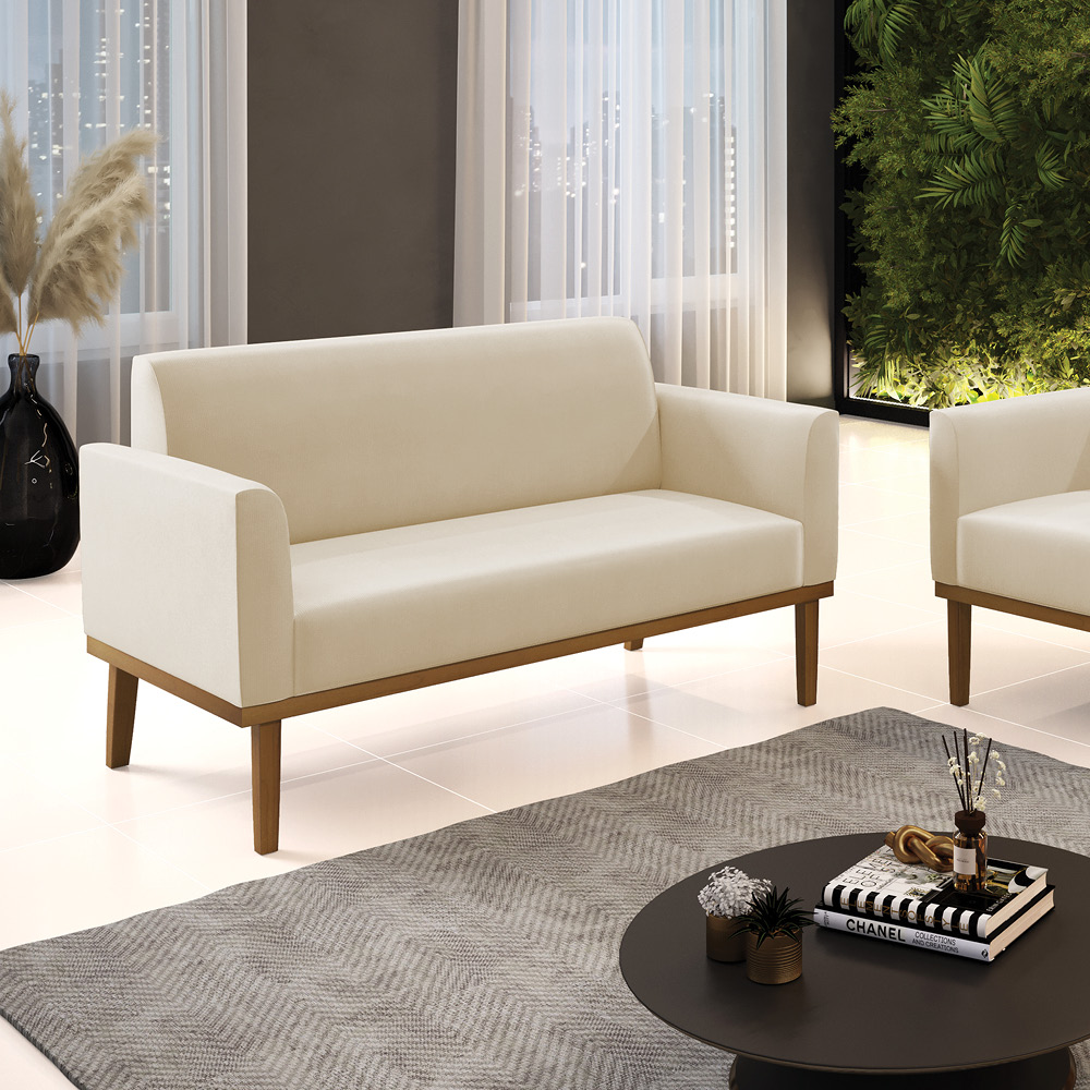 Poltrona Namoradeira Decorativa Isabella Pés Fixo em Madeira Castanho Suede Bege G19 - Gran Belo