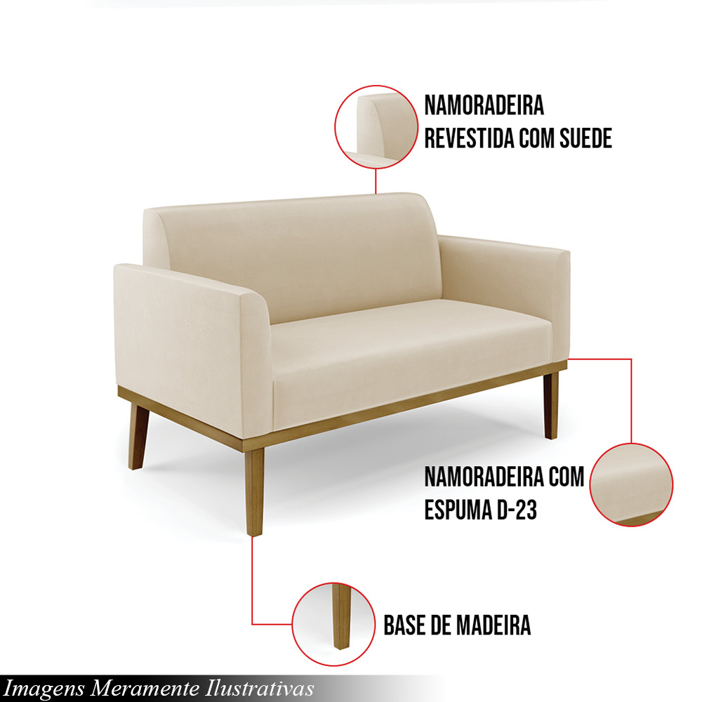 Poltrona Namoradeira Decorativa Isabella Pés Fixo em Madeira Castanho Suede Bege G19 - Gran Belo