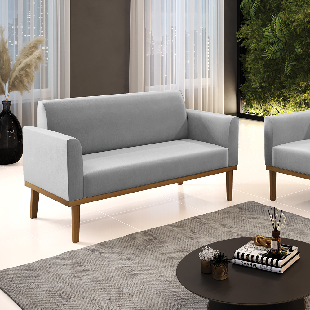 Poltrona Namoradeira Decorativa Isabella Pés Fixo em Madeira Castanho Suede Cinza G19 - Gran Belo
