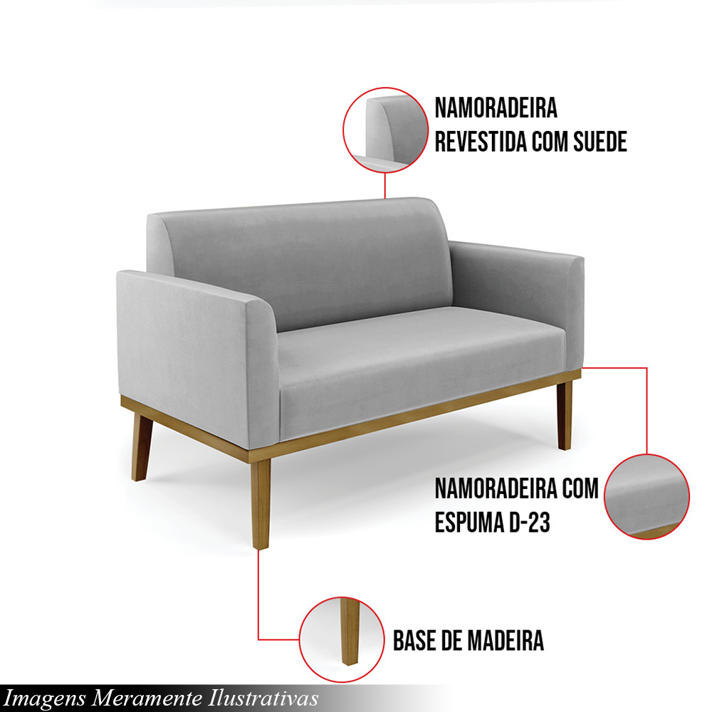 Poltrona Namoradeira Decorativa Isabella Pés Fixo em Madeira Castanho Suede Cinza G19 - Gran Belo