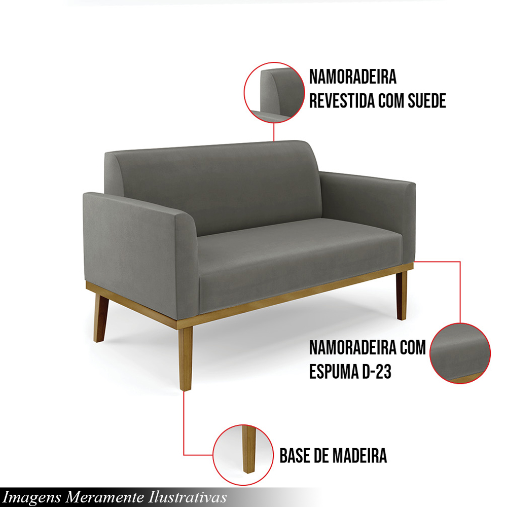 Poltrona Namoradeira Decorativa Isabella Pés Fixo em Madeira Castanho Suede Grafite G19 - Gran Belo