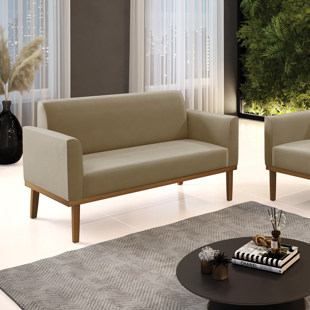 Poltrona Namoradeira Decorativa Isabella Pés Fixo em Madeira Castanho Suede Nude G19 - Gran Belo