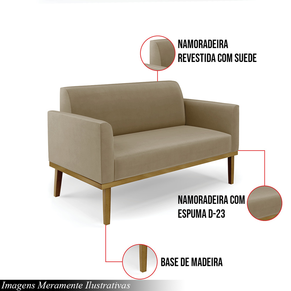 Poltrona Namoradeira Decorativa Isabella Pés Fixo em Madeira Castanho Suede Nude G19 - Gran Belo
