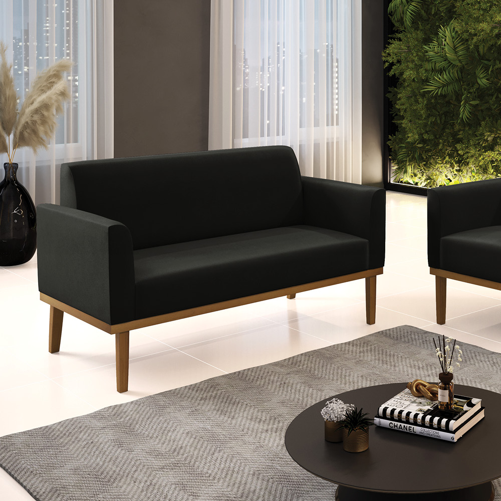 Poltrona Namoradeira Decorativa Isabella Pés Fixo em Madeira Castanho Suede Preto G19 - Gran Belo