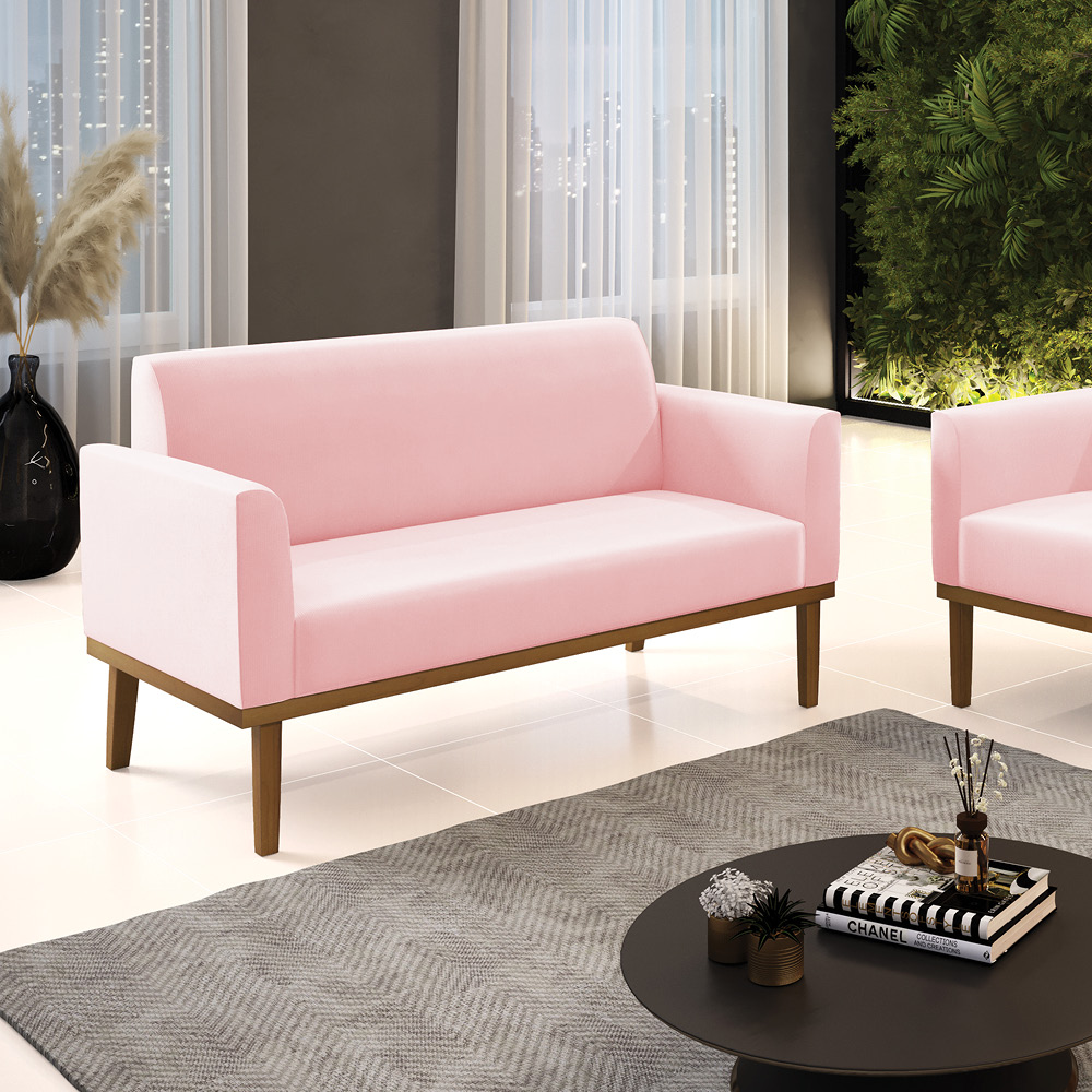Poltrona Namoradeira Decorativa Isabella Pés Fixo em Madeira Castanho Suede Rosa Bebê G19 - Gran Belo