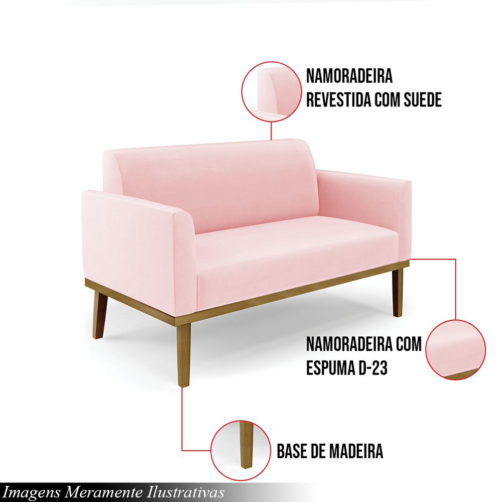 Poltrona Namoradeira Decorativa Isabella Pés Fixo em Madeira Castanho Suede Rosa Bebê G19 - Gran Belo