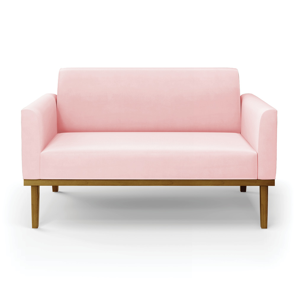 Poltrona Namoradeira Decorativa Isabella Pés Fixo em Madeira Castanho Suede Rosa Bebê G19 - Gran Belo