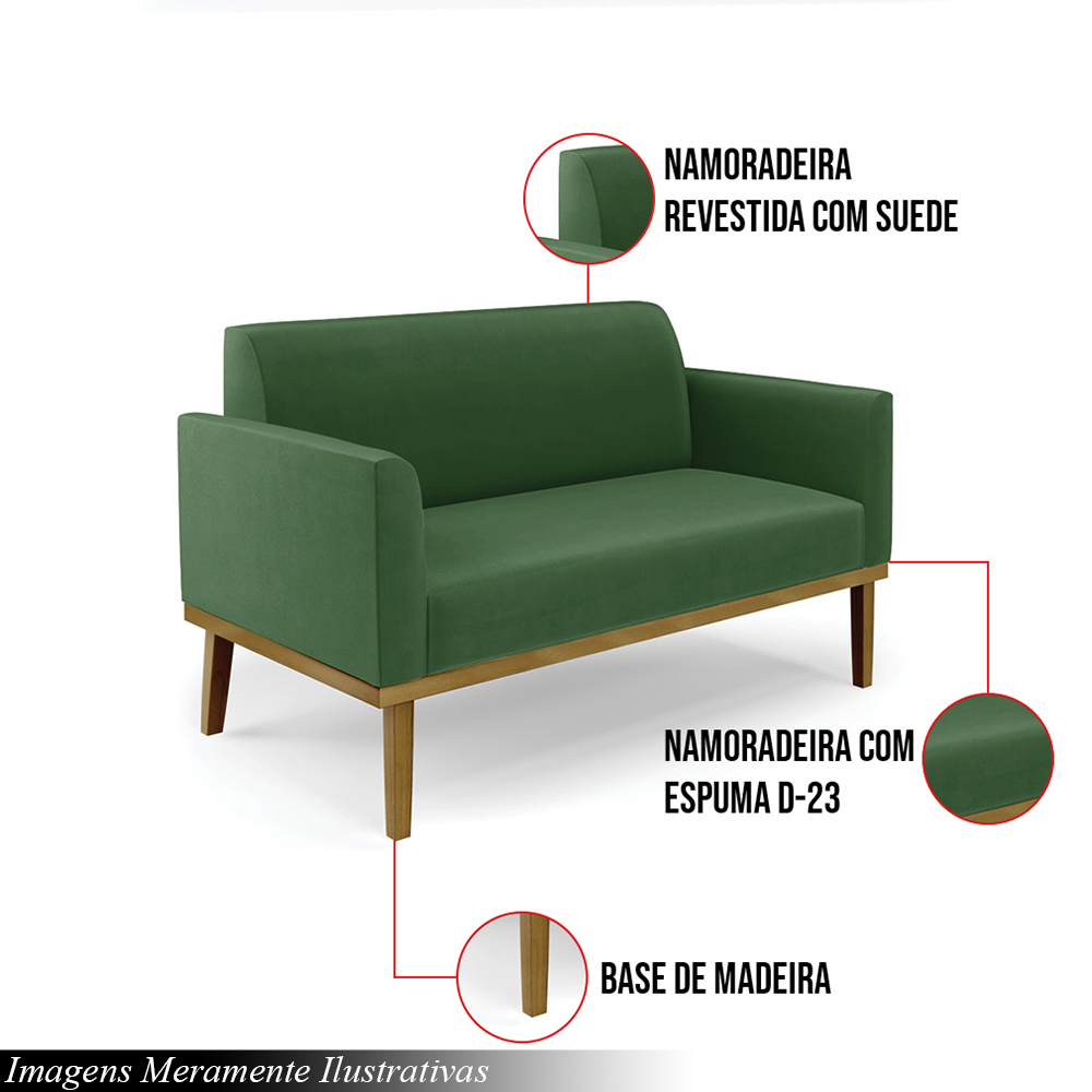 Poltrona Namoradeira Decorativa Isabella Pés Fixo em Madeira Castanho Suede Verde G19 - Gran Belo