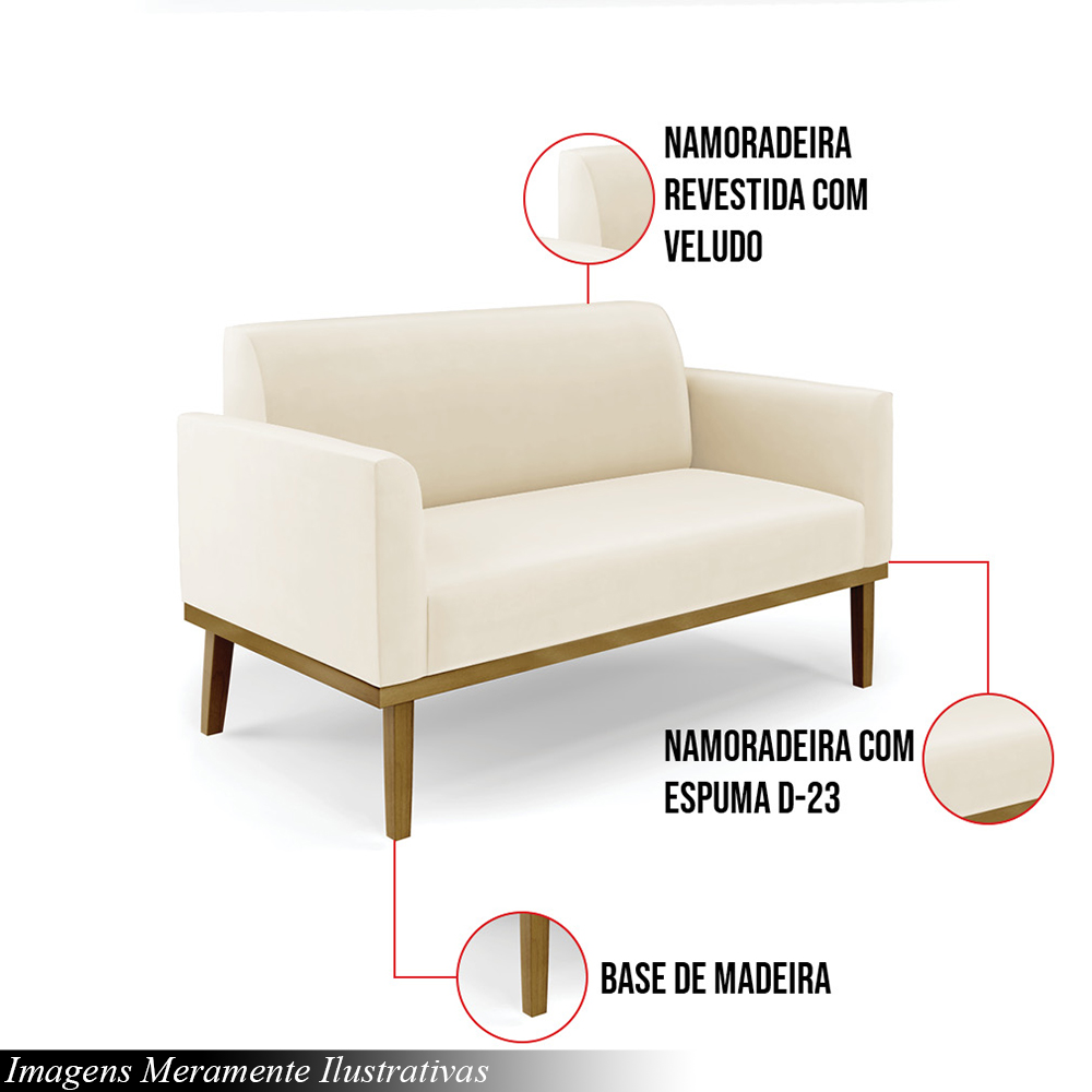 Poltrona Namoradeira Decorativa Isabella Pés Fixo em Madeira Castanho Veludo Bege G19 - Gran Belo
