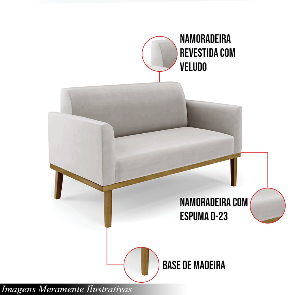 Poltrona Namoradeira Decorativa Isabella Pés Fixo em Madeira Castanho Veludo Cinza G19 - Gran Belo
