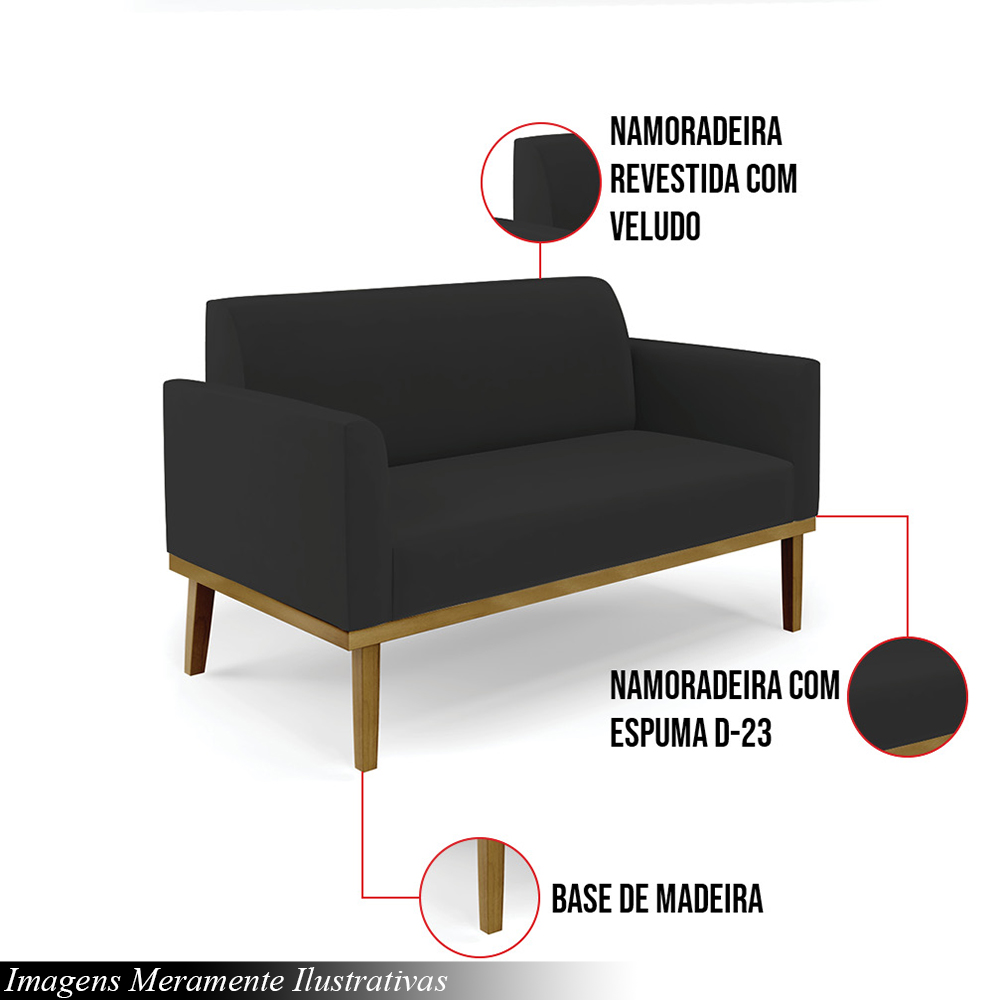 Poltrona Namoradeira Decorativa Isabella Pés Fixo em Madeira Castanho Veludo Preto G19 - Gran Belo