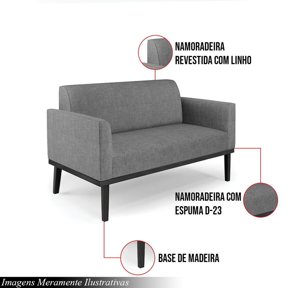 Poltrona Namoradeira Decorativa Isabella Pés Fixo em Madeira Preto Linho Cinza Mesclado G19 - Gran Belo
