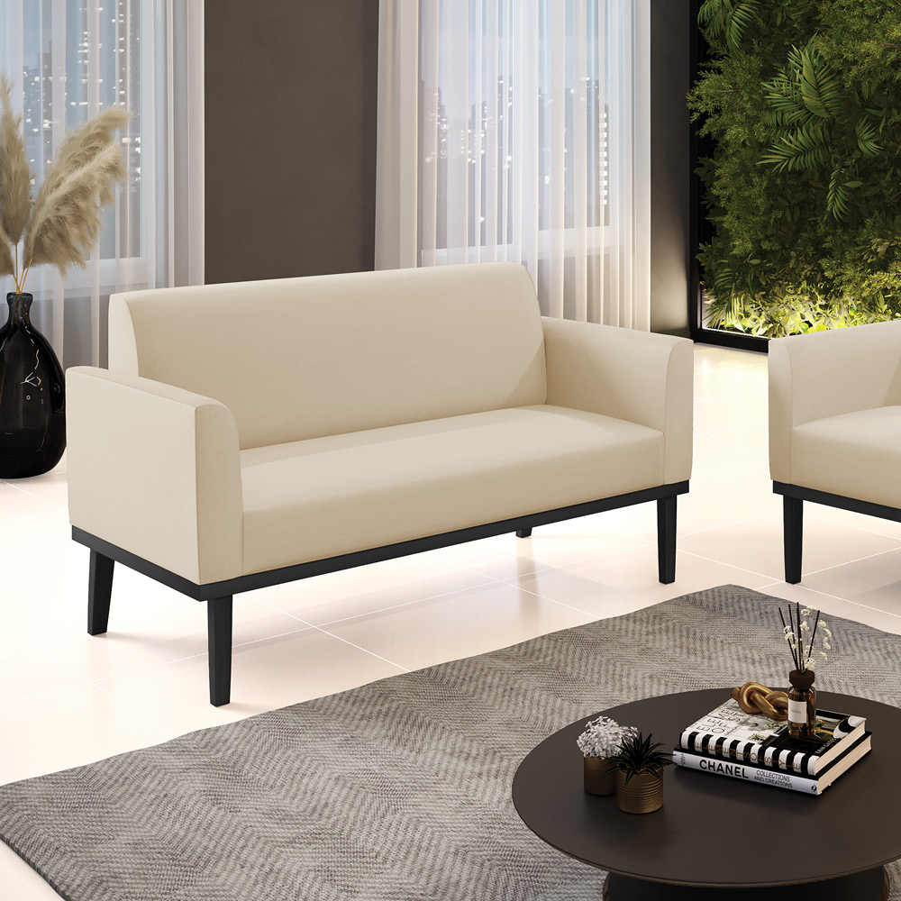 Poltrona Namoradeira Decorativa Isabella Pés Fixo em Madeira Preto PU Bege G19 - Gran Belo
