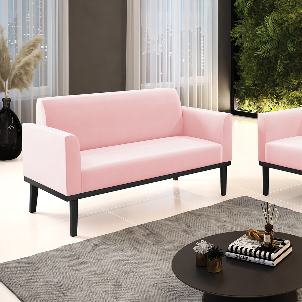 Poltrona Namoradeira Decorativa Isabella Pés Fixo em Madeira Preto Suede Rosa Bebê G19 - Gran Belo