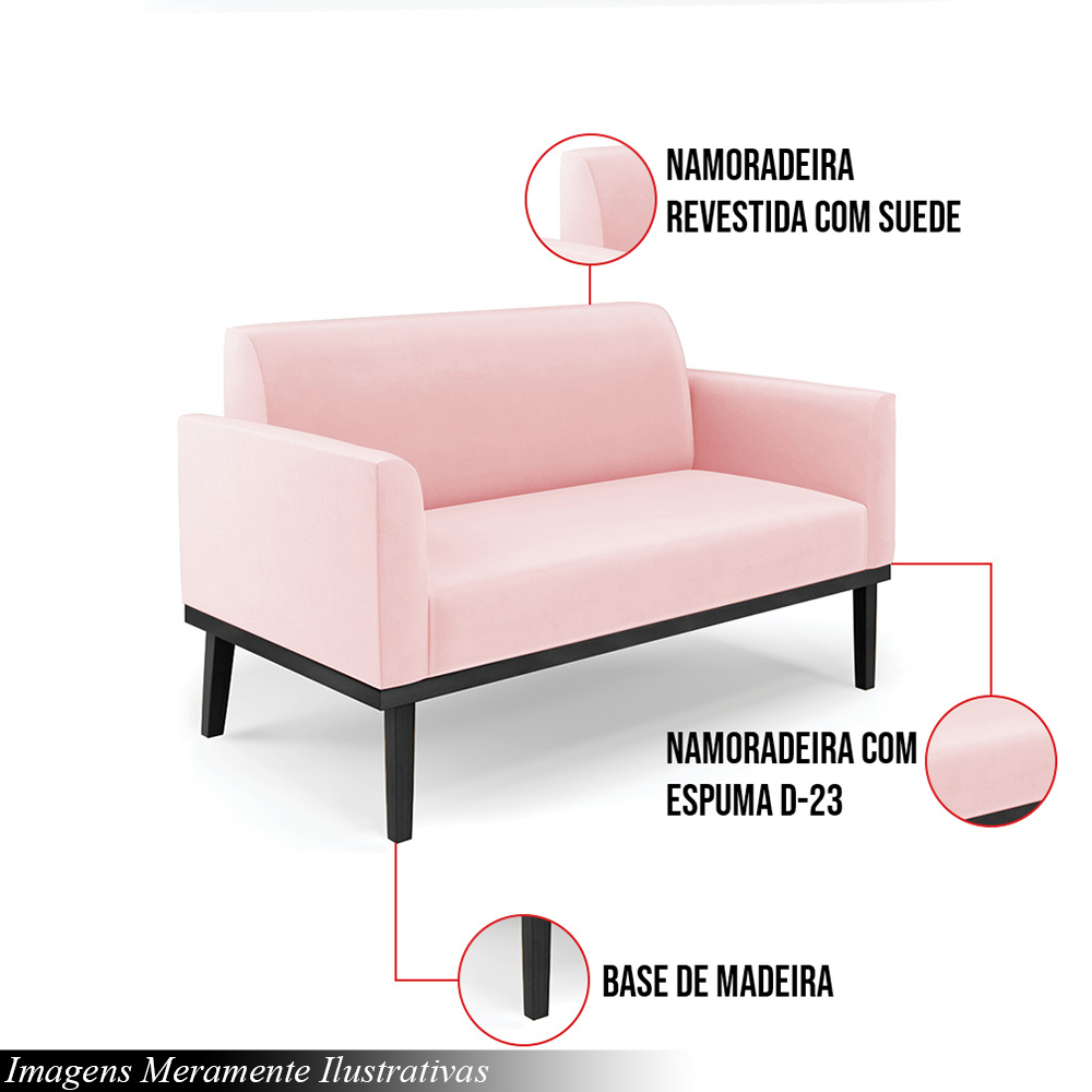 Poltrona Namoradeira Decorativa Isabella Pés Fixo em Madeira Preto Suede Rosa Bebê G19 - Gran Belo