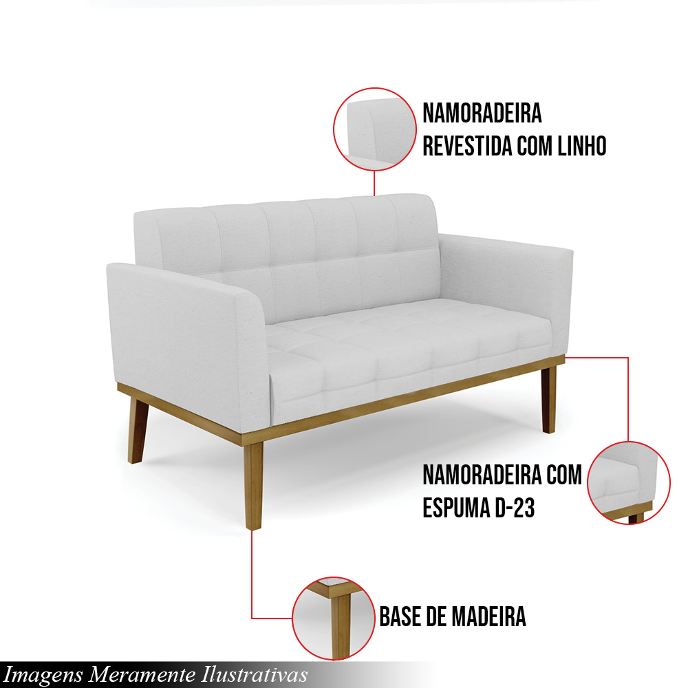 Poltrona Namoradeira Decorativa Karen Pés Fixo em Madeira Castanho Linho Cinza G19 - Gran Belo